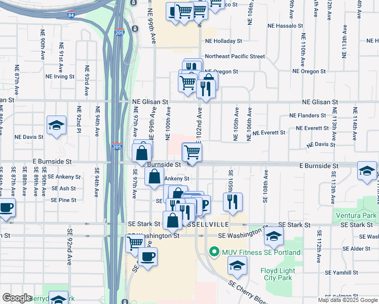 map of restaurants, bars, coffee shops, grocery stores, and more near 115 Northeast 102nd Avenue in Portland