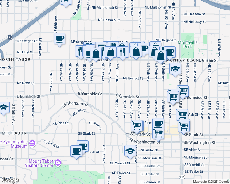 map of restaurants, bars, coffee shops, grocery stores, and more near 16 Northeast 73rd Avenue in Portland