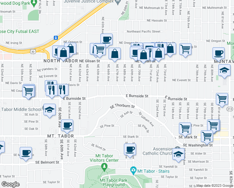 map of restaurants, bars, coffee shops, grocery stores, and more near 24 Northeast 67th Avenue in Portland