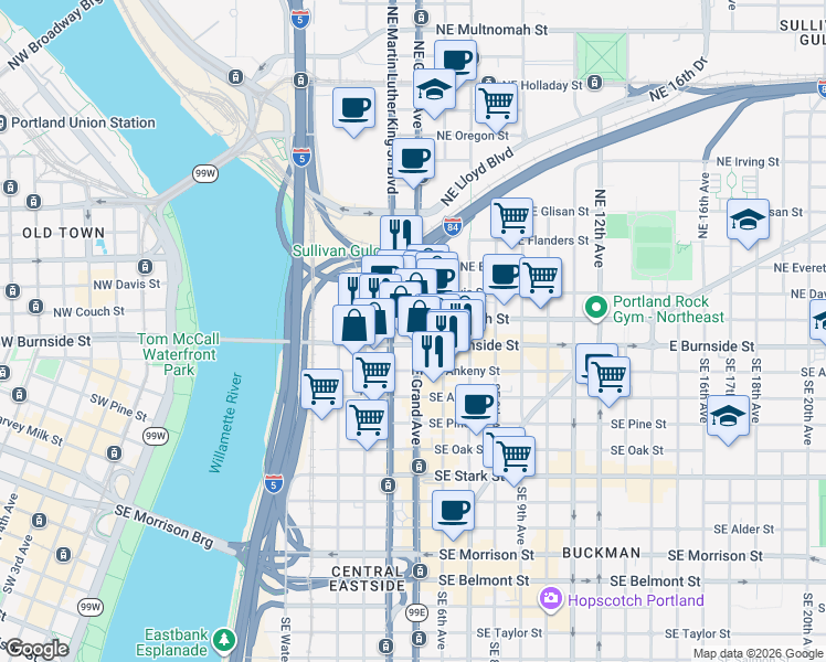 map of restaurants, bars, coffee shops, grocery stores, and more near in Portland