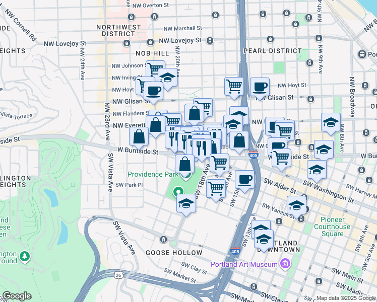 map of restaurants, bars, coffee shops, grocery stores, and more near 1933 West Burnside Street in Portland