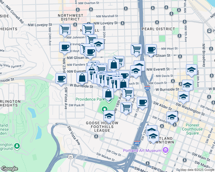 map of restaurants, bars, coffee shops, grocery stores, and more near 2021 West Burnside Street in Portland