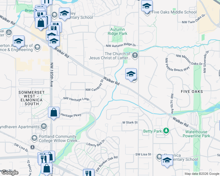 map of restaurants, bars, coffee shops, grocery stores, and more near 650 Northwest Willow Glen Place in Beaverton