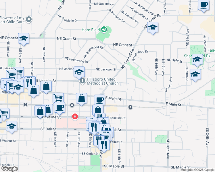 map of restaurants, bars, coffee shops, grocery stores, and more near 1035 Northeast Cornell Road in Hillsboro