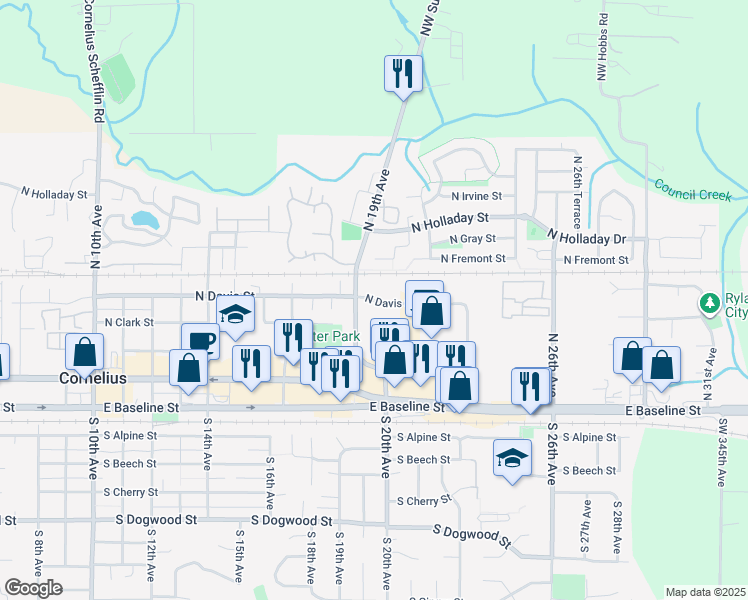 map of restaurants, bars, coffee shops, grocery stores, and more near 1889 North Davis Street in Cornelius