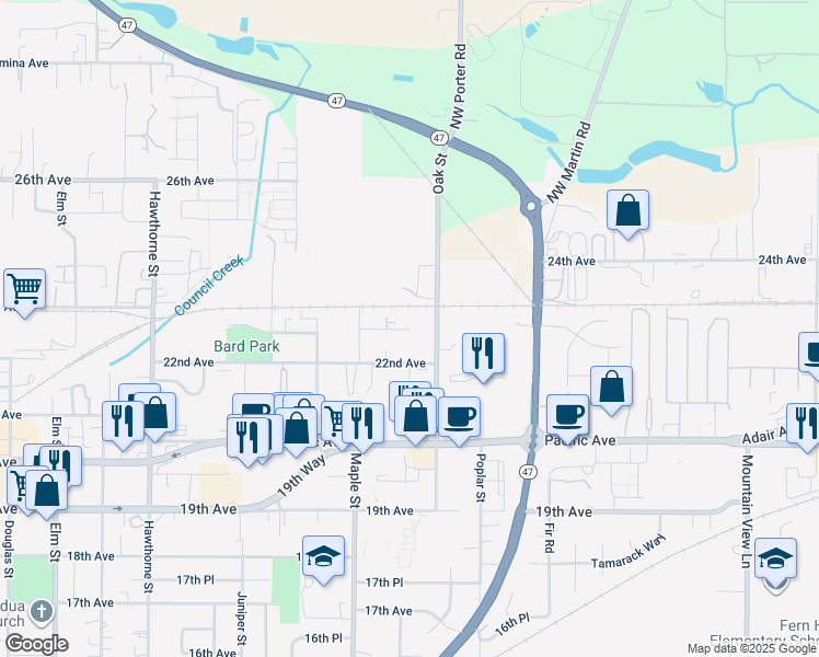 map of restaurants, bars, coffee shops, grocery stores, and more near 2238 Oak Street in Forest Grove