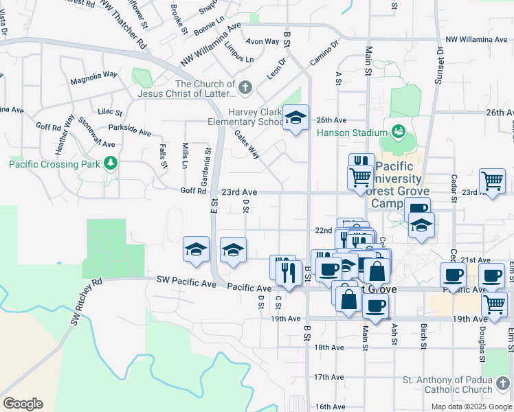 map of restaurants, bars, coffee shops, grocery stores, and more near 1637 22nd Place in Forest Grove