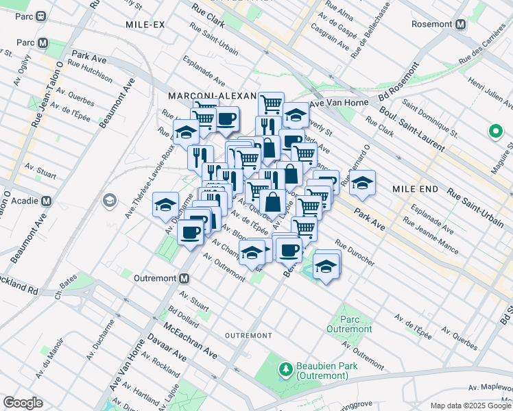 map of restaurants, bars, coffee shops, grocery stores, and more near 761 Avenue Querbes in Montrã©Al