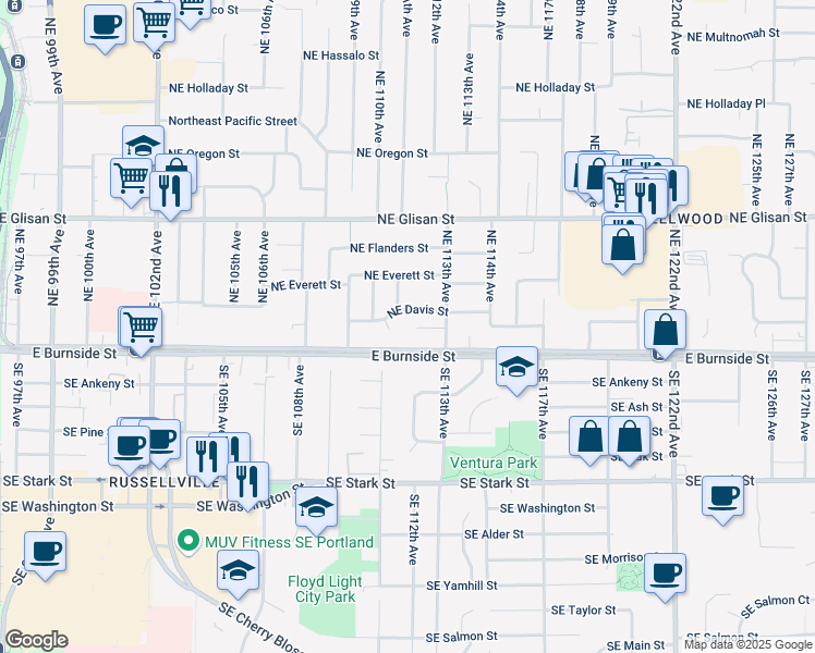 map of restaurants, bars, coffee shops, grocery stores, and more near 11110 Northeast Davis Street in Portland
