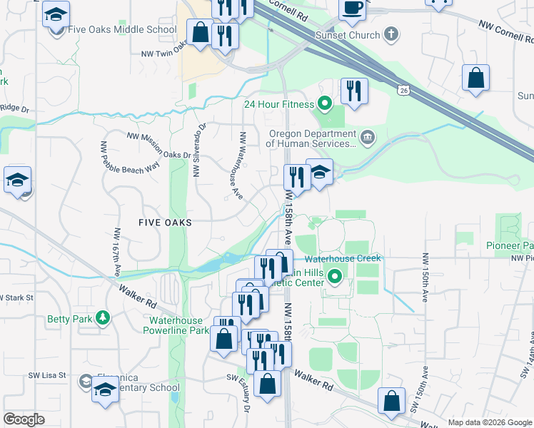 map of restaurants, bars, coffee shops, grocery stores, and more near 15960 Northwest Foxborough Circle in Beaverton