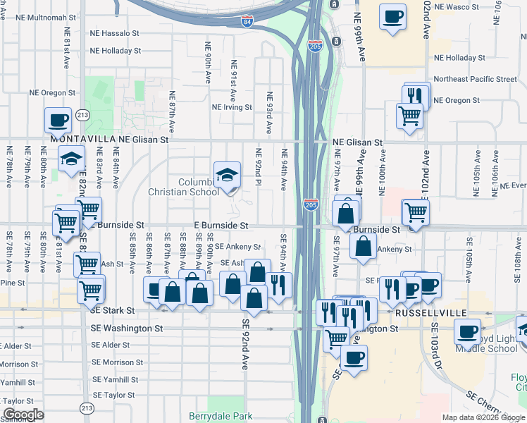 map of restaurants, bars, coffee shops, grocery stores, and more near 9253 East Burnside Street in Portland
