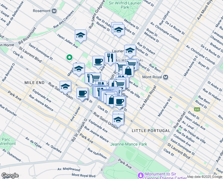 map of restaurants, bars, coffee shops, grocery stores, and more near in Montreal