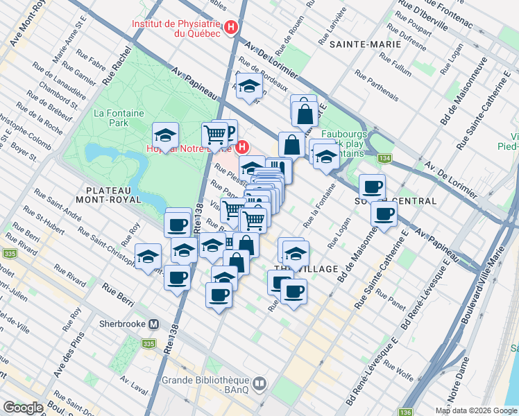 map of restaurants, bars, coffee shops, grocery stores, and more near 2023 Rue Panet in Montréal