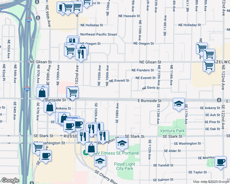 map of restaurants, bars, coffee shops, grocery stores, and more near 43-45 Northeast 108th Avenue in Portland