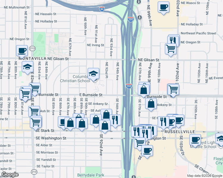 map of restaurants, bars, coffee shops, grocery stores, and more near 9263 East Burnside Street in Portland