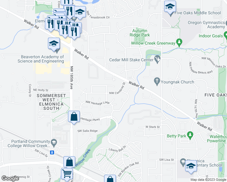 map of restaurants, bars, coffee shops, grocery stores, and more near 17919 Northwest Cambray Street in Beaverton