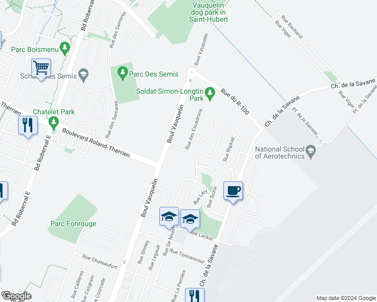 map of restaurants, bars, coffee shops, grocery stores, and more near 4022 Rue des Escadrons in Longueuil
