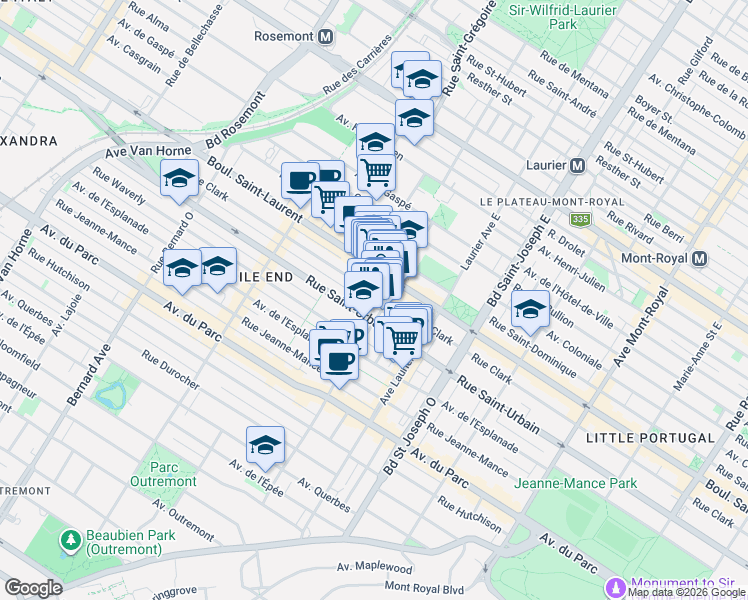 map of restaurants, bars, coffee shops, grocery stores, and more near 5220 Rue Clark in Montréal