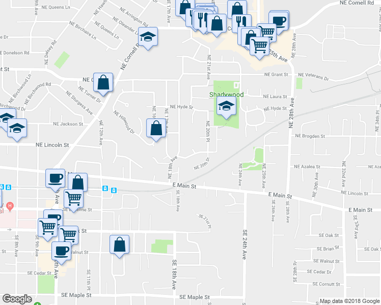 map of restaurants, bars, coffee shops, grocery stores, and more near 1889 Northeast Lincoln Street in Hillsboro