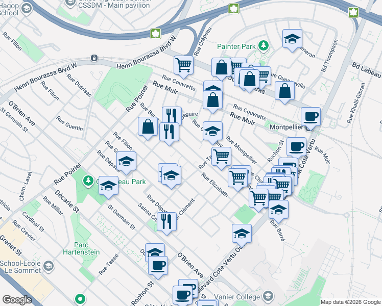 map of restaurants, bars, coffee shops, grocery stores, and more near 1482 Rue Barré in Montréal