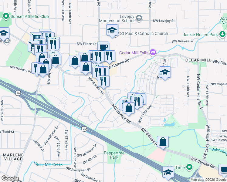 map of restaurants, bars, coffee shops, grocery stores, and more near 12425 Northwest Barnes Road in Portland