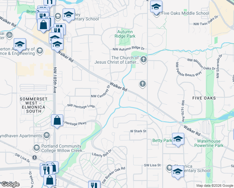 map of restaurants, bars, coffee shops, grocery stores, and more near 650 Northwest Willow Glen Place in Beaverton