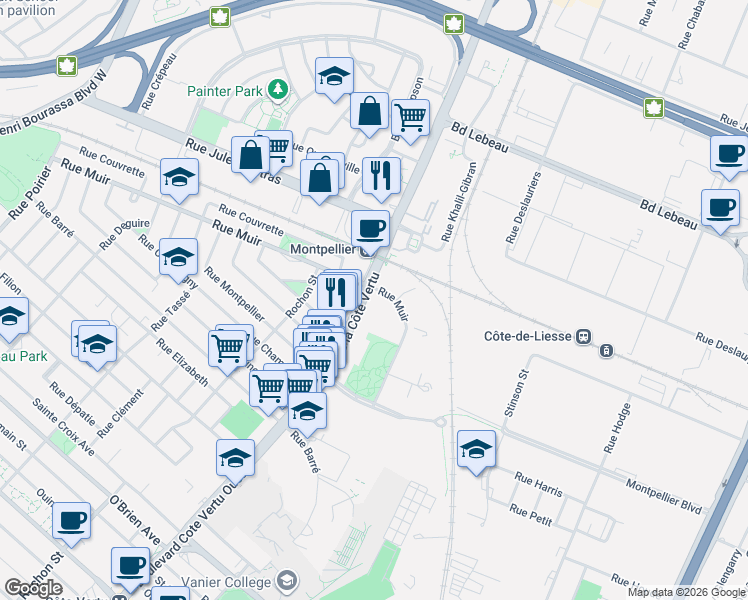 map of restaurants, bars, coffee shops, grocery stores, and more near 520 Boulevard de la Côte Vertu in Montréal