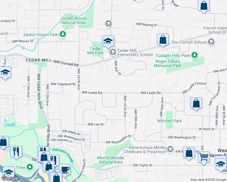 map of restaurants, bars, coffee shops, grocery stores, and more near 10235 Northwest Leahy Road in Portland