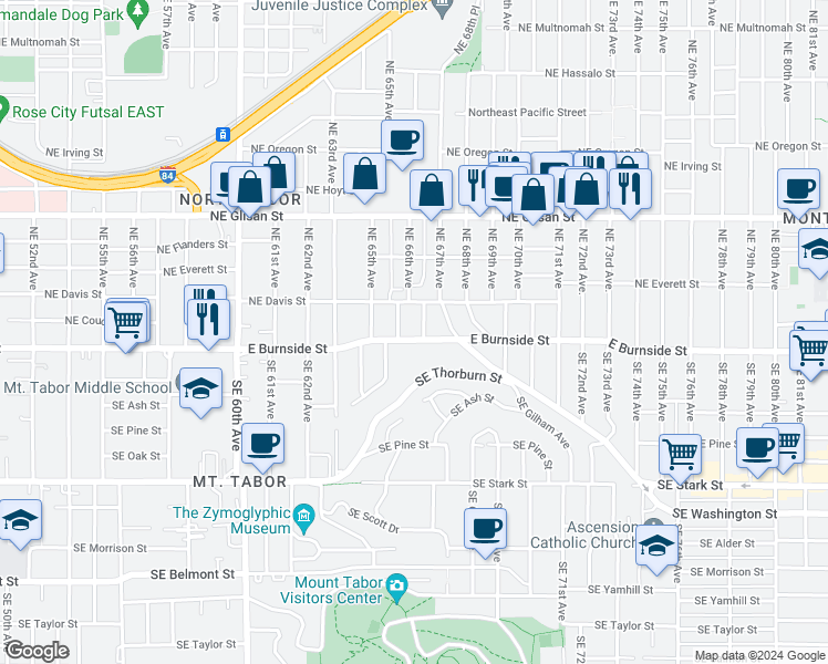 map of restaurants, bars, coffee shops, grocery stores, and more near 6653 East Burnside Street in Portland