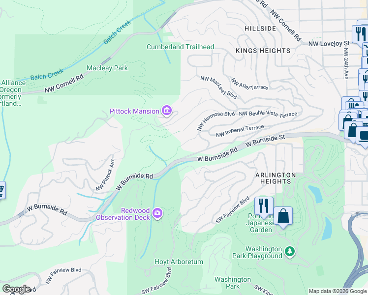 map of restaurants, bars, coffee shops, grocery stores, and more near 3138 Northwest Verde Vista Terrace in Portland
