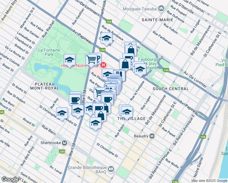 map of restaurants, bars, coffee shops, grocery stores, and more near 1379 Rue Ontario Est in Montréal