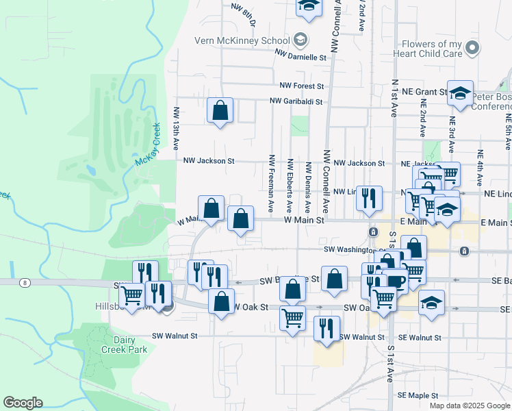 map of restaurants, bars, coffee shops, grocery stores, and more near 775 West Main Street in Hillsboro