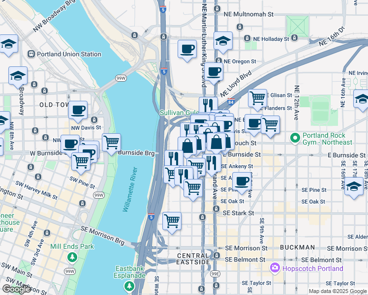 map of restaurants, bars, coffee shops, grocery stores, and more near 201 Northeast 2nd Avenue in Portland