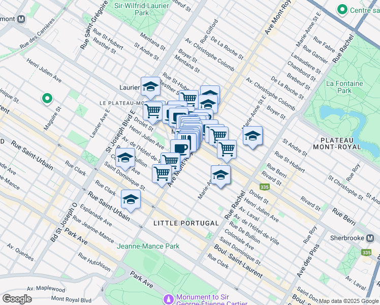 map of restaurants, bars, coffee shops, grocery stores, and more near Rue Drolet in Montréal