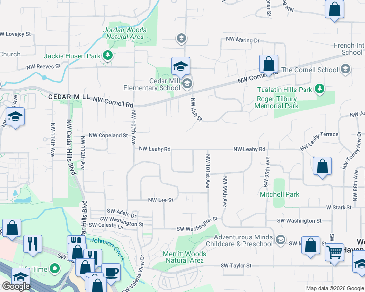 map of restaurants, bars, coffee shops, grocery stores, and more near 10305 Northwest Leahy Road in Portland