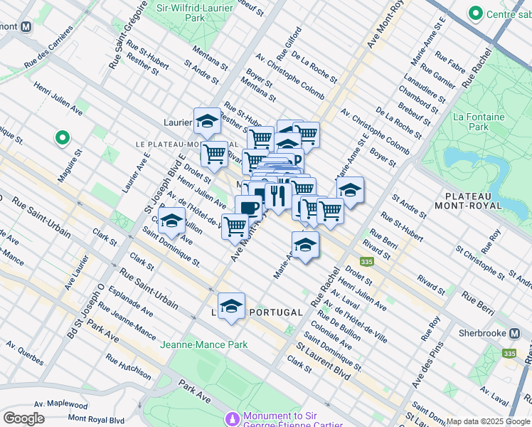 map of restaurants, bars, coffee shops, grocery stores, and more near 4479 Rue Drolet in Montréal