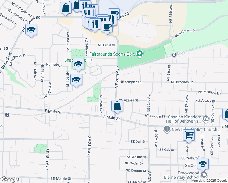 map of restaurants, bars, coffee shops, grocery stores, and more near 2668 Northeast Parkwood Street in Hillsboro