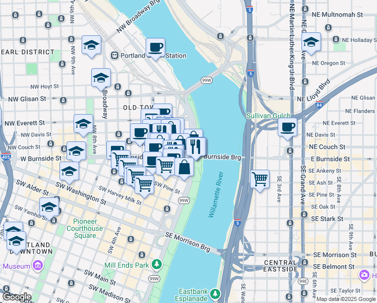 map of restaurants, bars, coffee shops, grocery stores, and more near 70 Northwest Couch Street in Portland