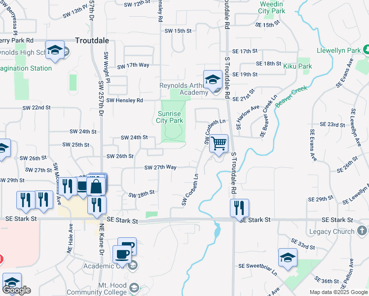 map of restaurants, bars, coffee shops, grocery stores, and more near 387 Southwest 25th Circle in Troutdale