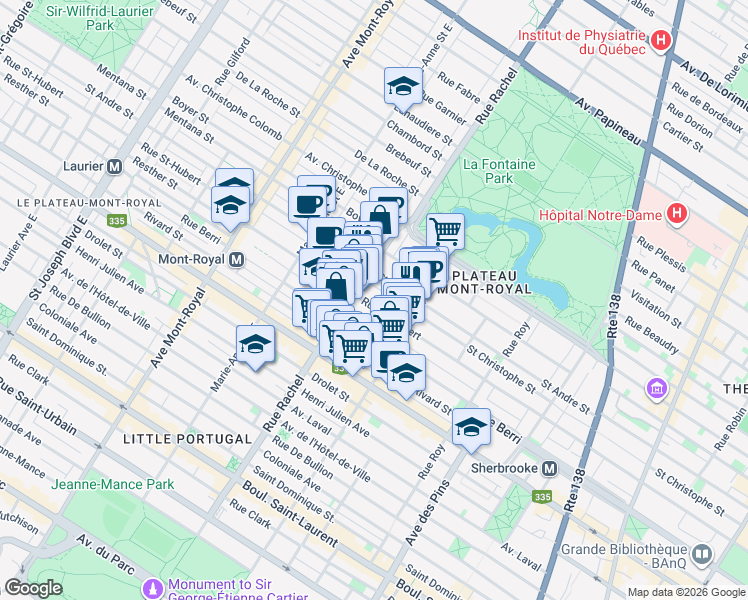 map of restaurants, bars, coffee shops, grocery stores, and more near 4139 Rue Saint-Hubert in Montréal