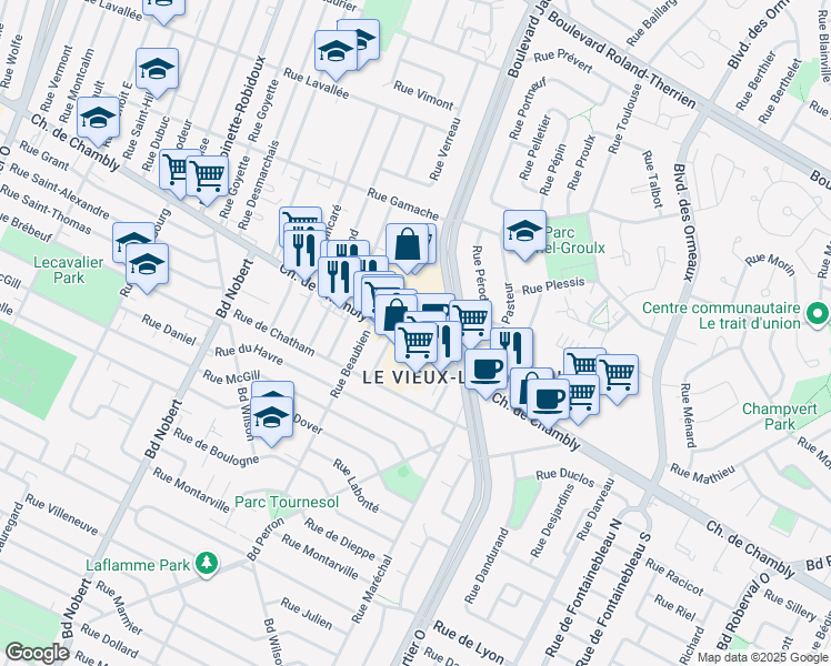 map of restaurants, bars, coffee shops, grocery stores, and more near 2689 Chemin de Chambly in Longueuil