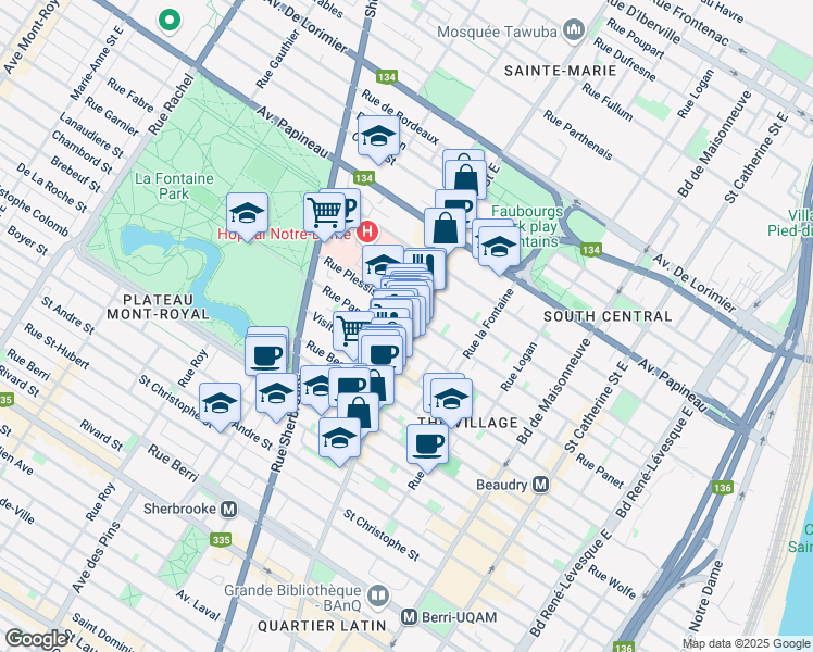map of restaurants, bars, coffee shops, grocery stores, and more near 1379 Ontario Street East in Montreal