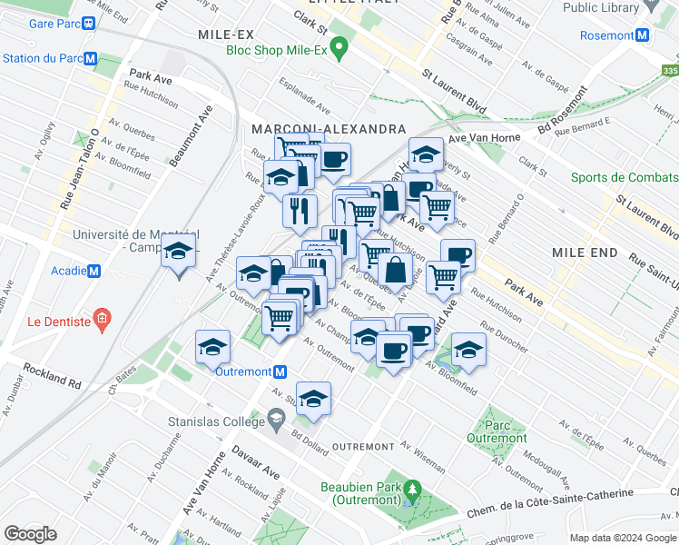 map of restaurants, bars, coffee shops, grocery stores, and more near 1148 Avenue Van Horne in Montréal