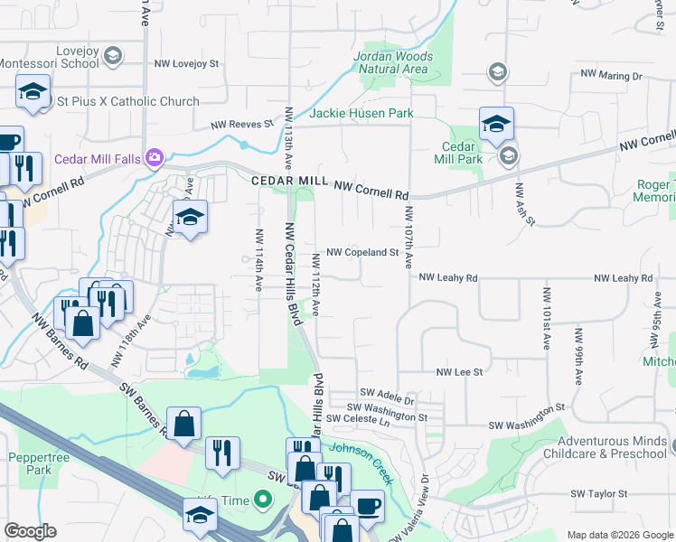map of restaurants, bars, coffee shops, grocery stores, and more near 11079 Northwest Leahy Road in Portland