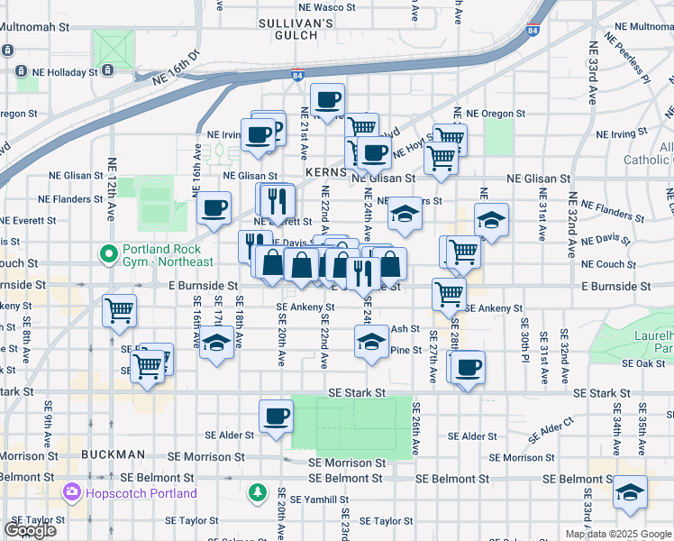 map of restaurants, bars, coffee shops, grocery stores, and more near 2220 Northeast Couch Street in Portland