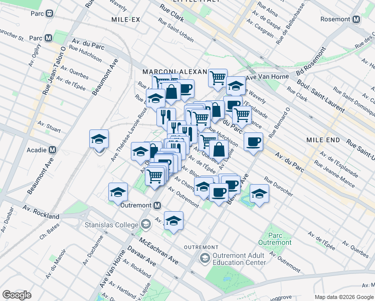 map of restaurants, bars, coffee shops, grocery stores, and more near 1136 Avenue Van Horne in Montréal