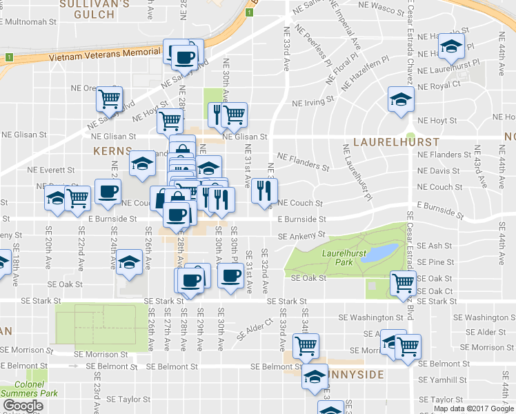 map of restaurants, bars, coffee shops, grocery stores, and more near 3124-3126 Northeast Couch Street in Portland