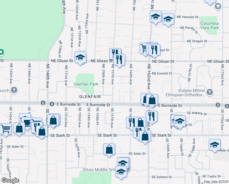 map of restaurants, bars, coffee shops, grocery stores, and more near 110 Northeast 157th Avenue in Portland