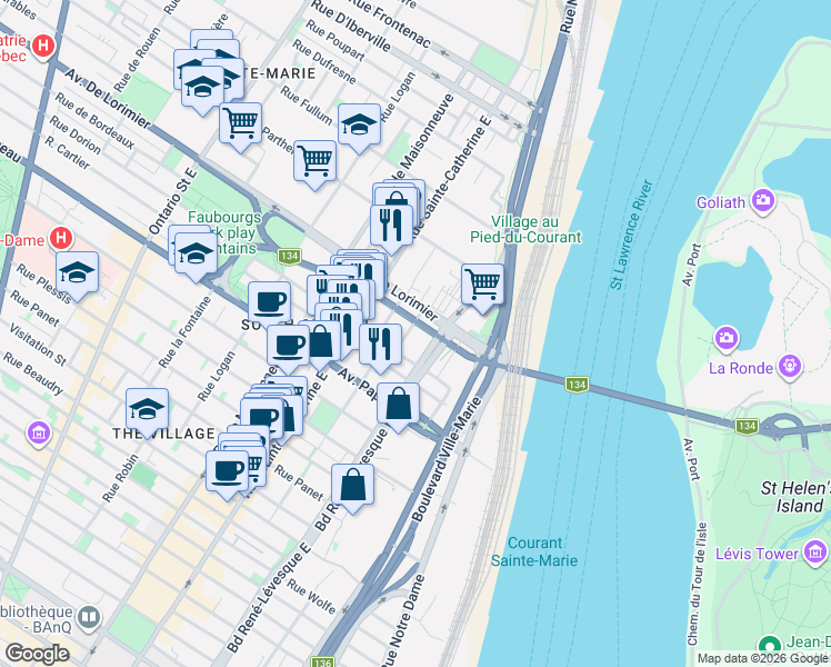 map of restaurants, bars, coffee shops, grocery stores, and more near 2000 Rue Falardeau in Montréal