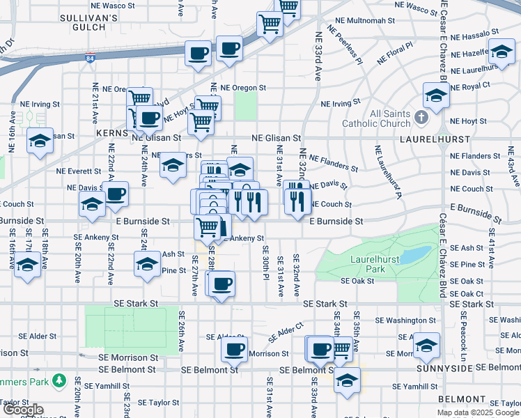 map of restaurants, bars, coffee shops, grocery stores, and more near 3018 Northeast Couch Street in Portland